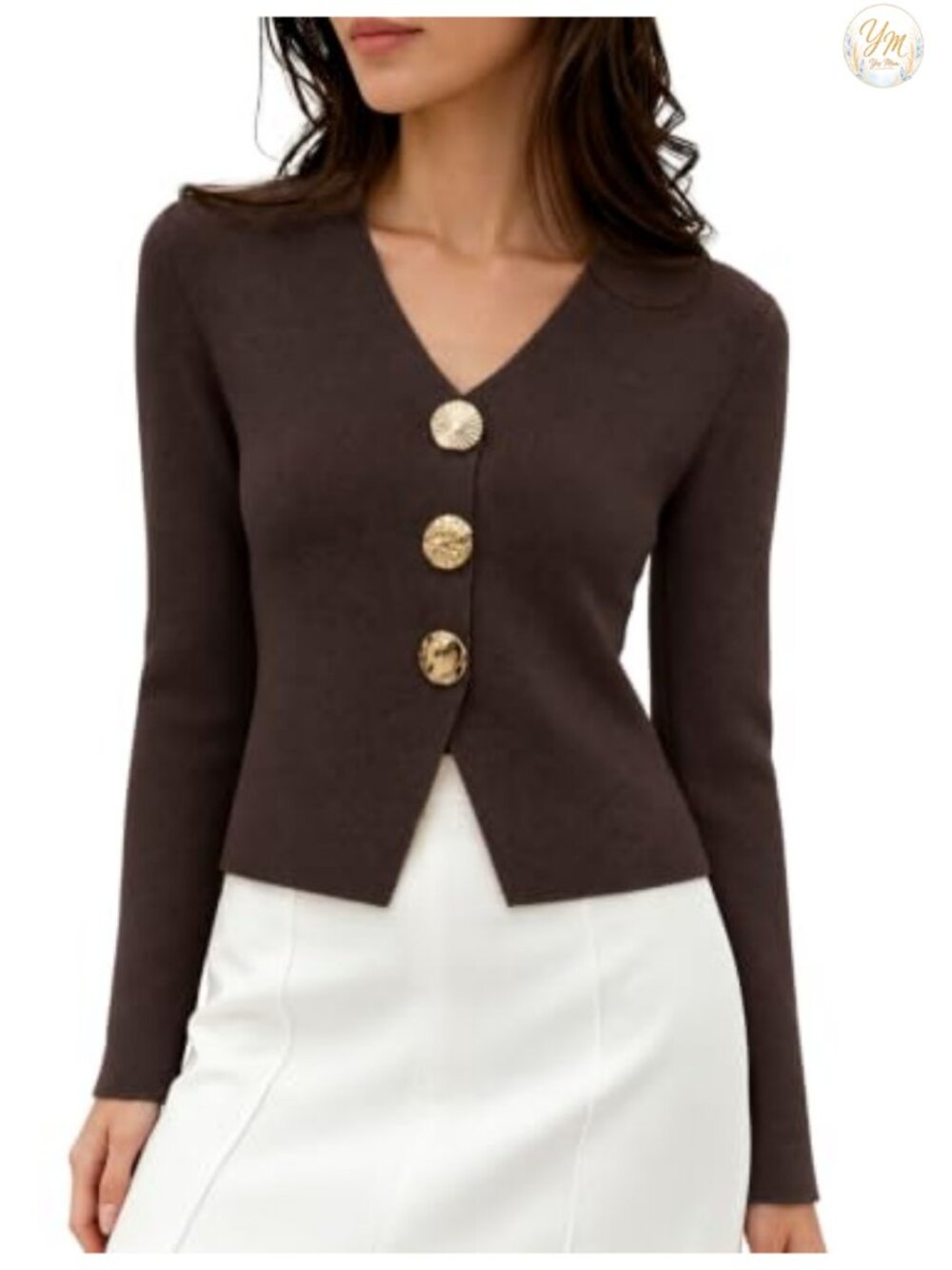 Cropped Cardigan with Gold Button, Long Sleeve V-Neck Knit Sweater